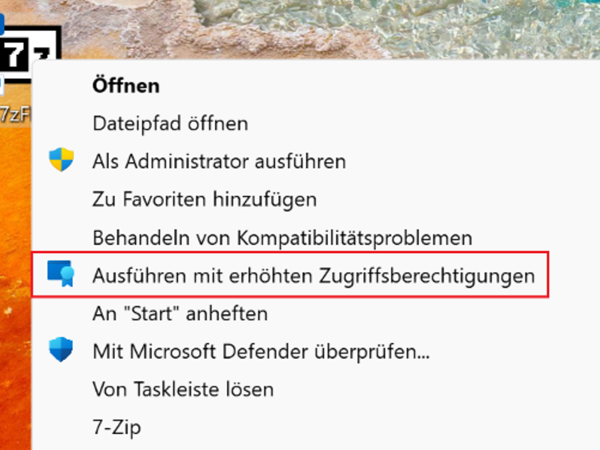 Screenshot des Kontextmenüs eines Benutzers unter Windows zum Öffnen eines Programms mit Administratorzugriff.