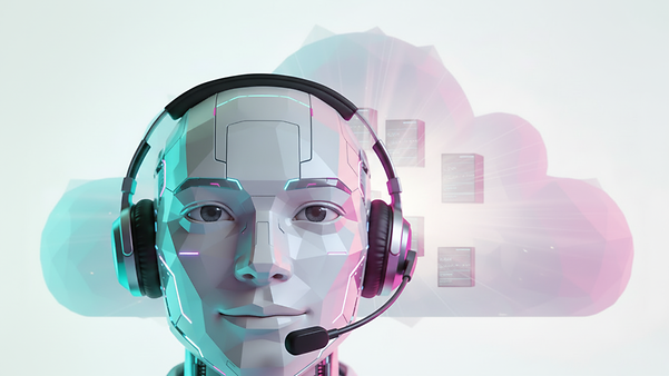 silbergrauer Robot-Avatar-Kopf mit Headset