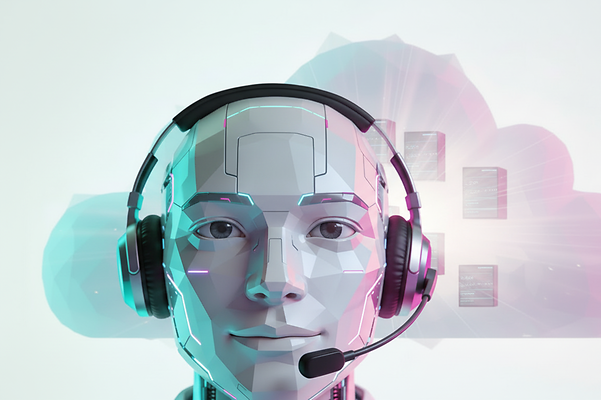 silbergrauer Robot-Avatar-Kopf mit Headset