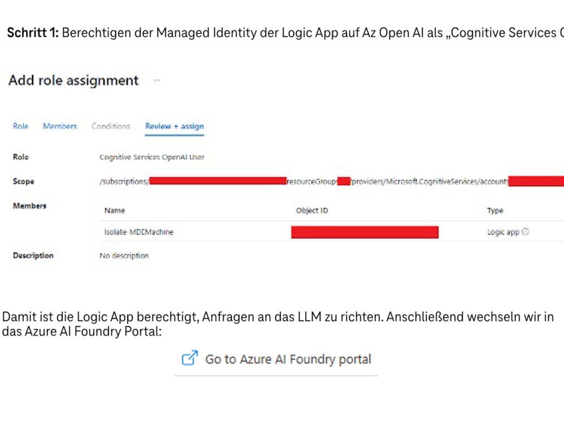 Screenshot "Berechtigen der Managed Identity der Logic App auf Az Open AI als 'Cognitive Services OpenAI User'“