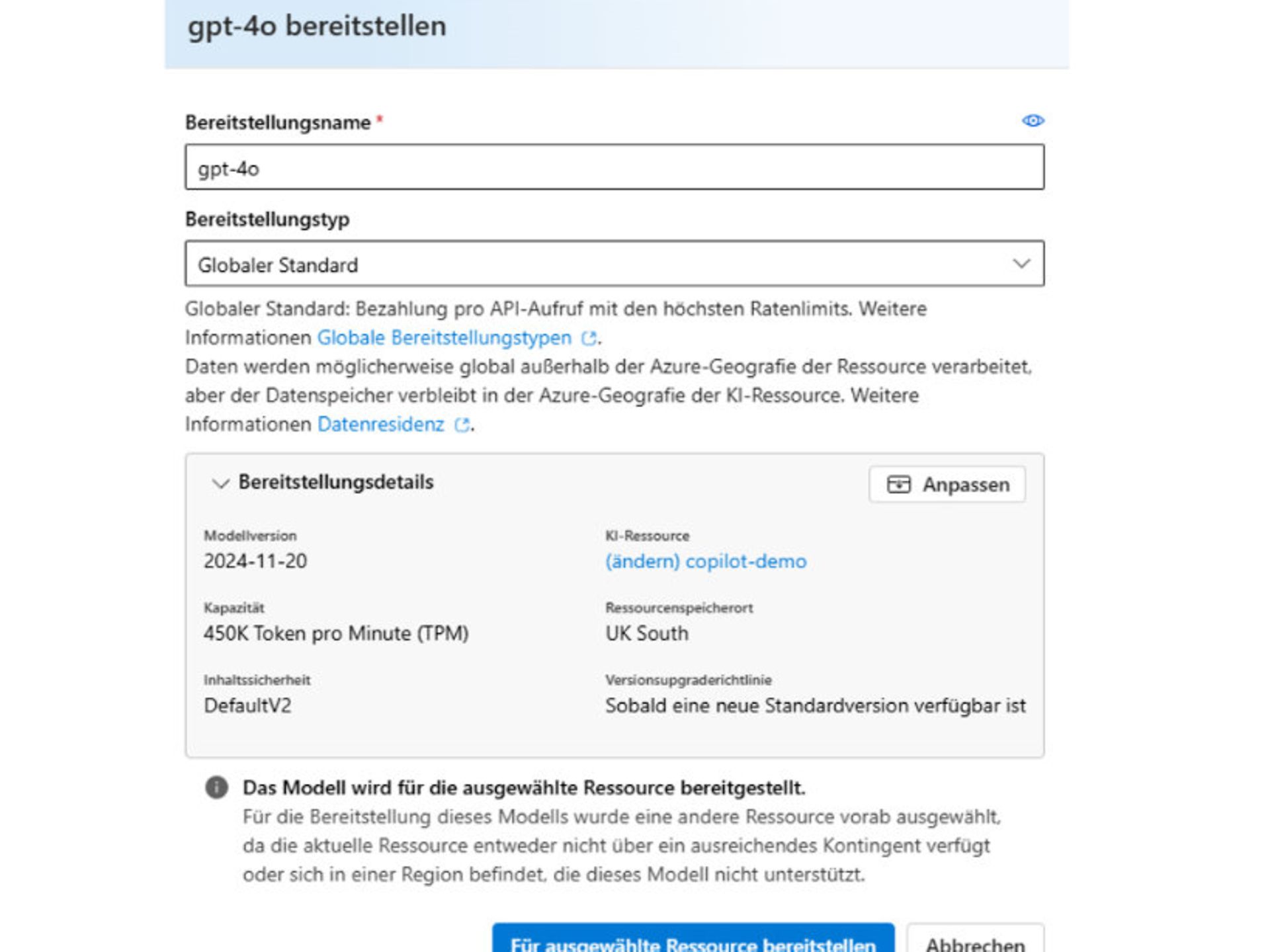 Screenshot des Menüs "Model bereitstellen“ unter Azure.