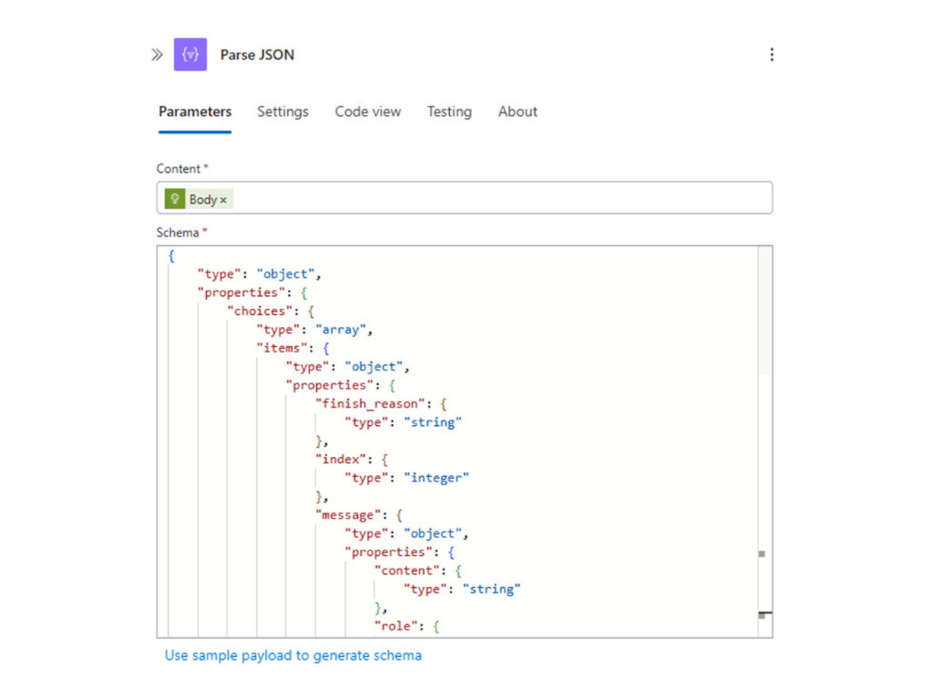 Screenshot der Logic App-Funktion „Parse JSON“ in Azure