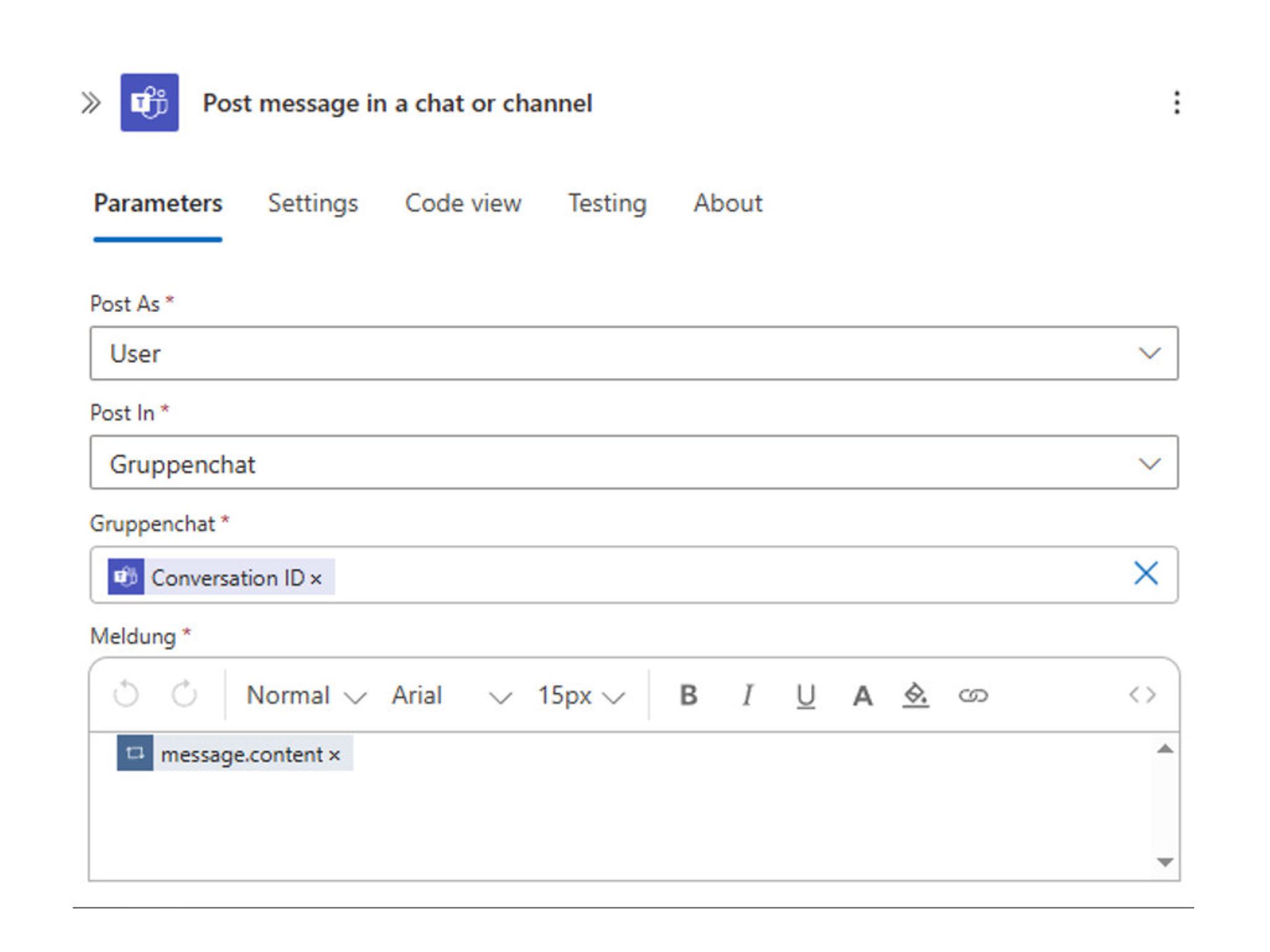 Screenshot vom Menü zum Posten einer Nachricht in Azure