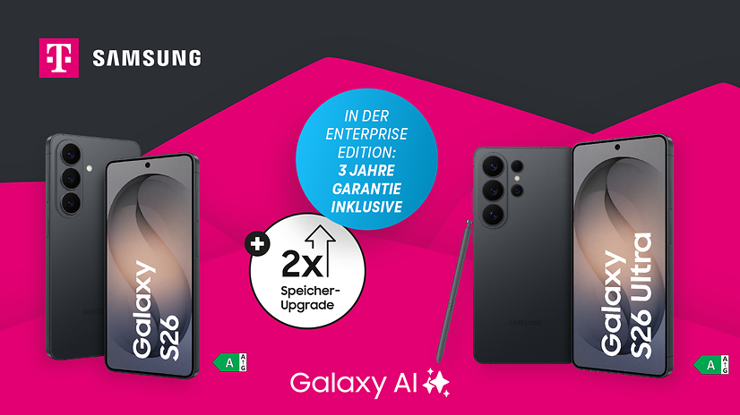 Abbildung des neuen Samsung Galaxy S26 Ultra & S26 mit dem Aktionsangebot der Telekom