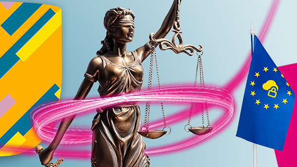 Brnzestatus Justitia mit Waage neben Security Shield und Europa Fahne