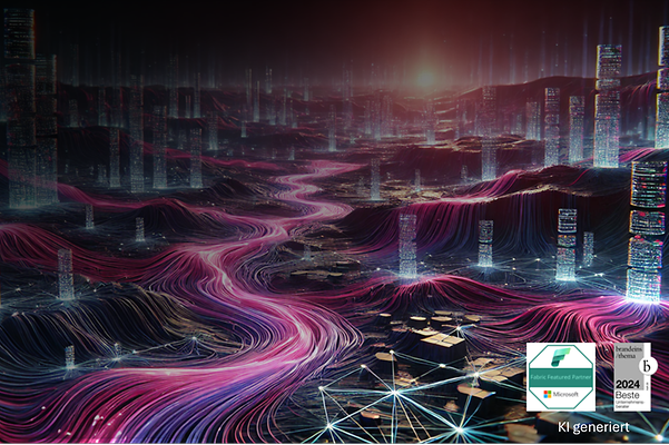 Ki generierte Grafik für Datenströme in scharz, magenta und blau mit Microsoft Fabric Badge