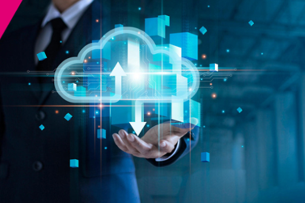 Hand with data cloud for live demo of MS Fabric