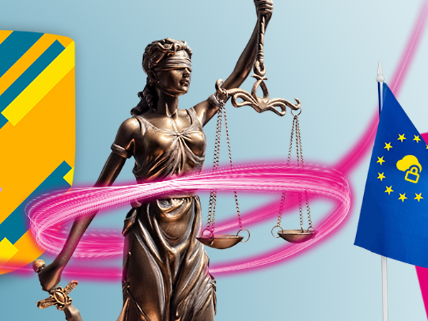 Brnzestatus Justitia with scales next to Security Shield and European flag