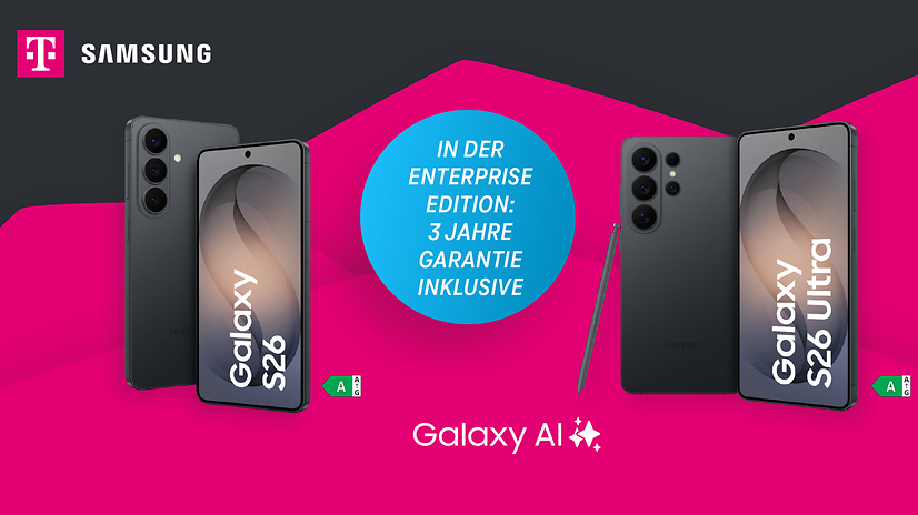 Image of the new Samsung Galaxy S26 Ultra & S26 with the special offer from Telekom