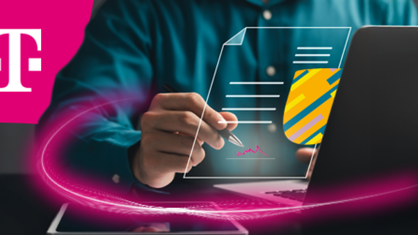 Transparente Grafik mit digitaler Unterzeichnung eines Dokuments überlagert einen Laptop 