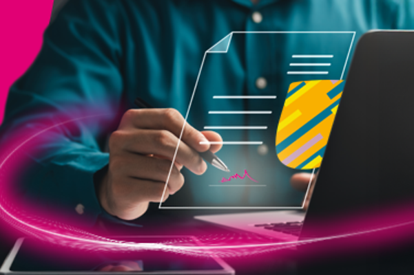 Transparent graphic with digital signature of a document superimposed on a laptop