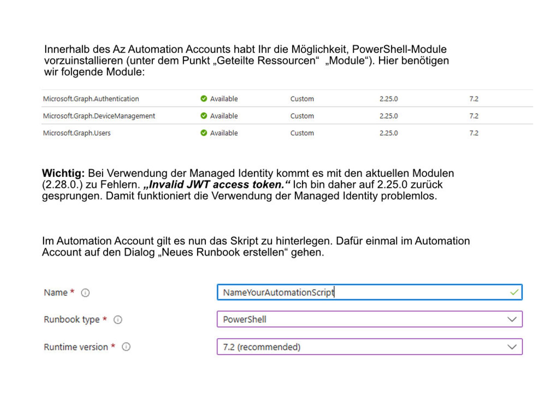 Screenshot from the Azure Automation Account for installing modules