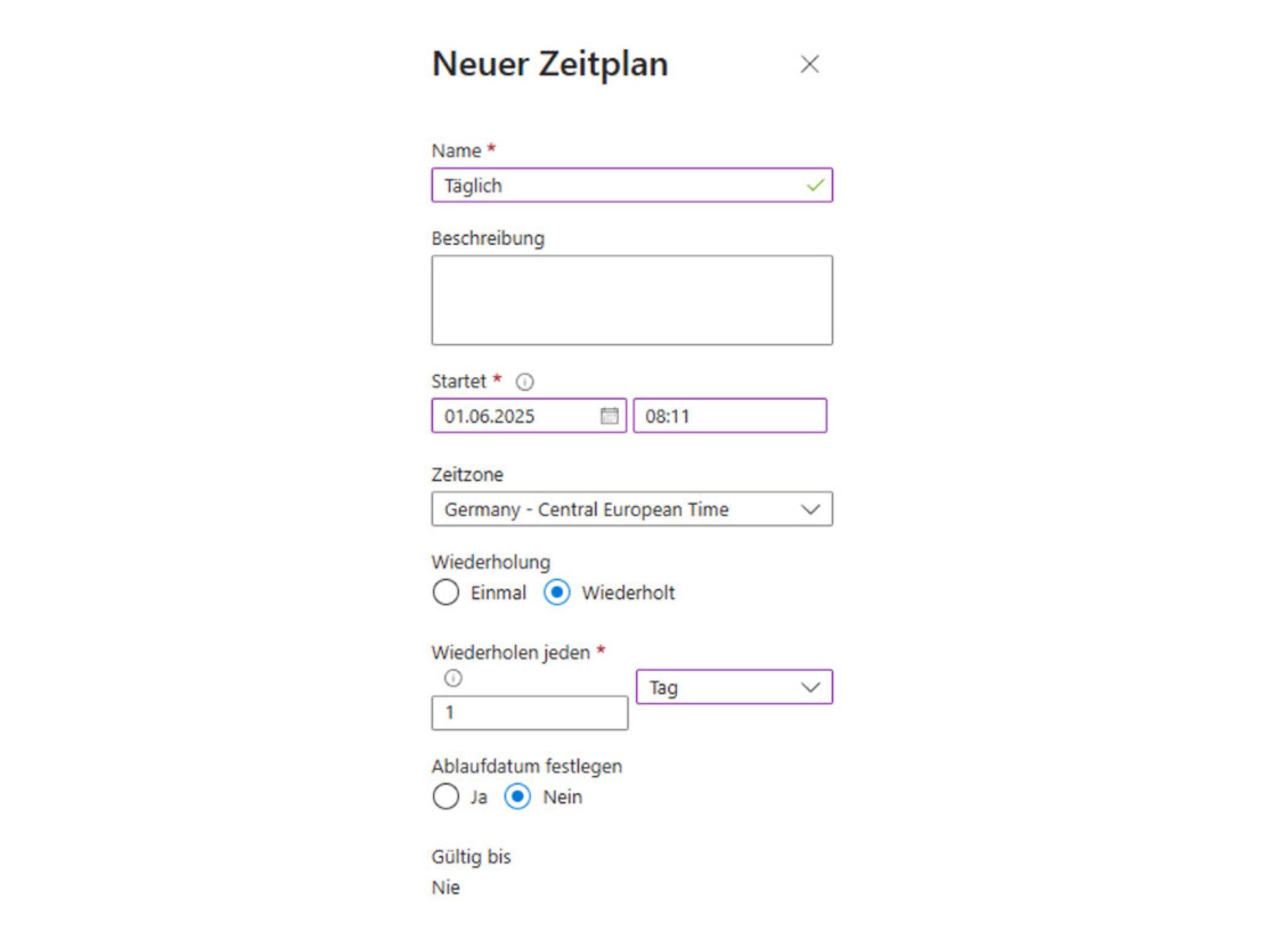 Screenshot of the "Resources/Schedules" menu in Azure with the option to run scripts regularly.