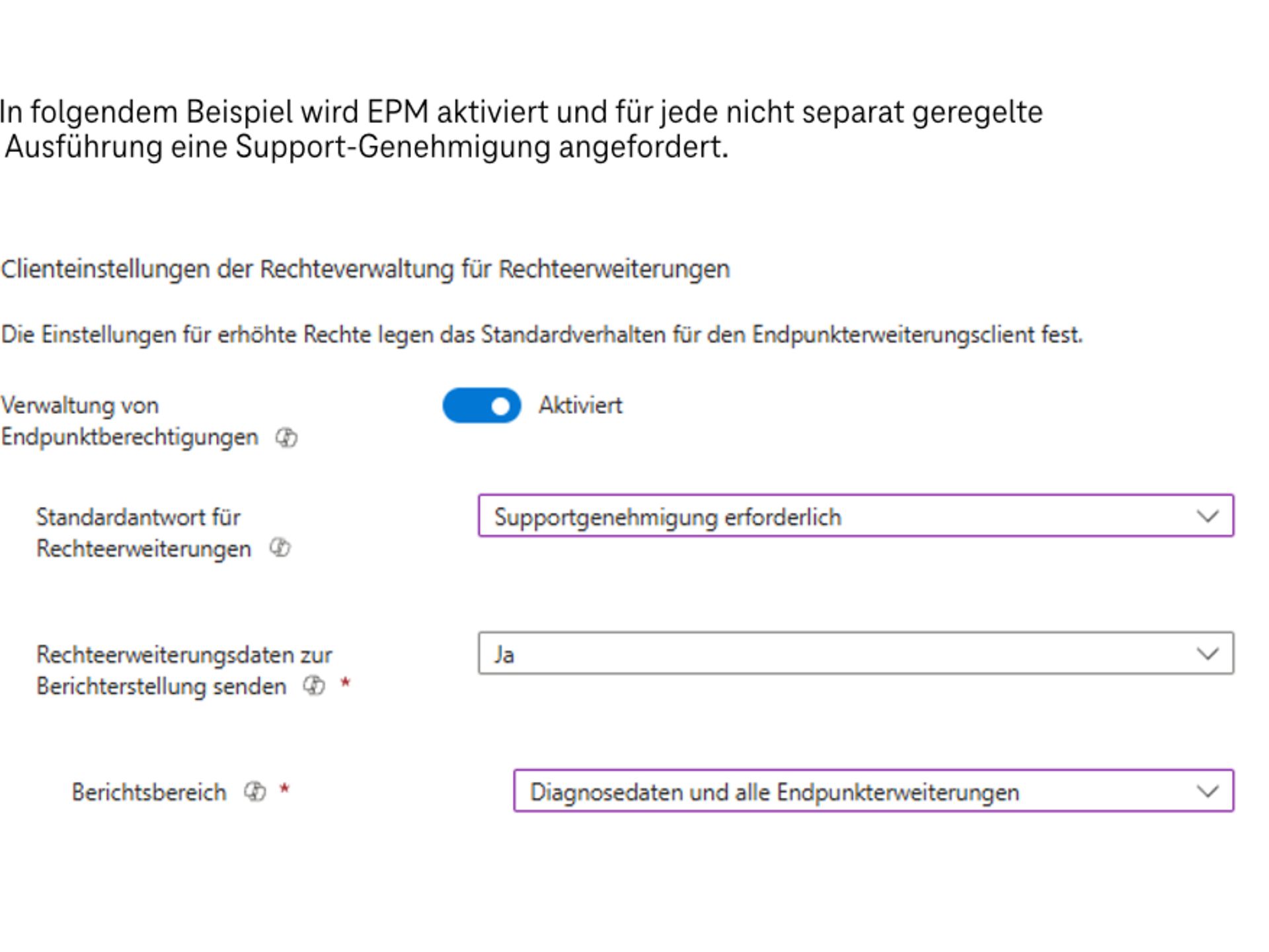 Screenshot of the EPM configuration options in Microsoft Intune under Endpoint Security - Endpoint Permission Management.
