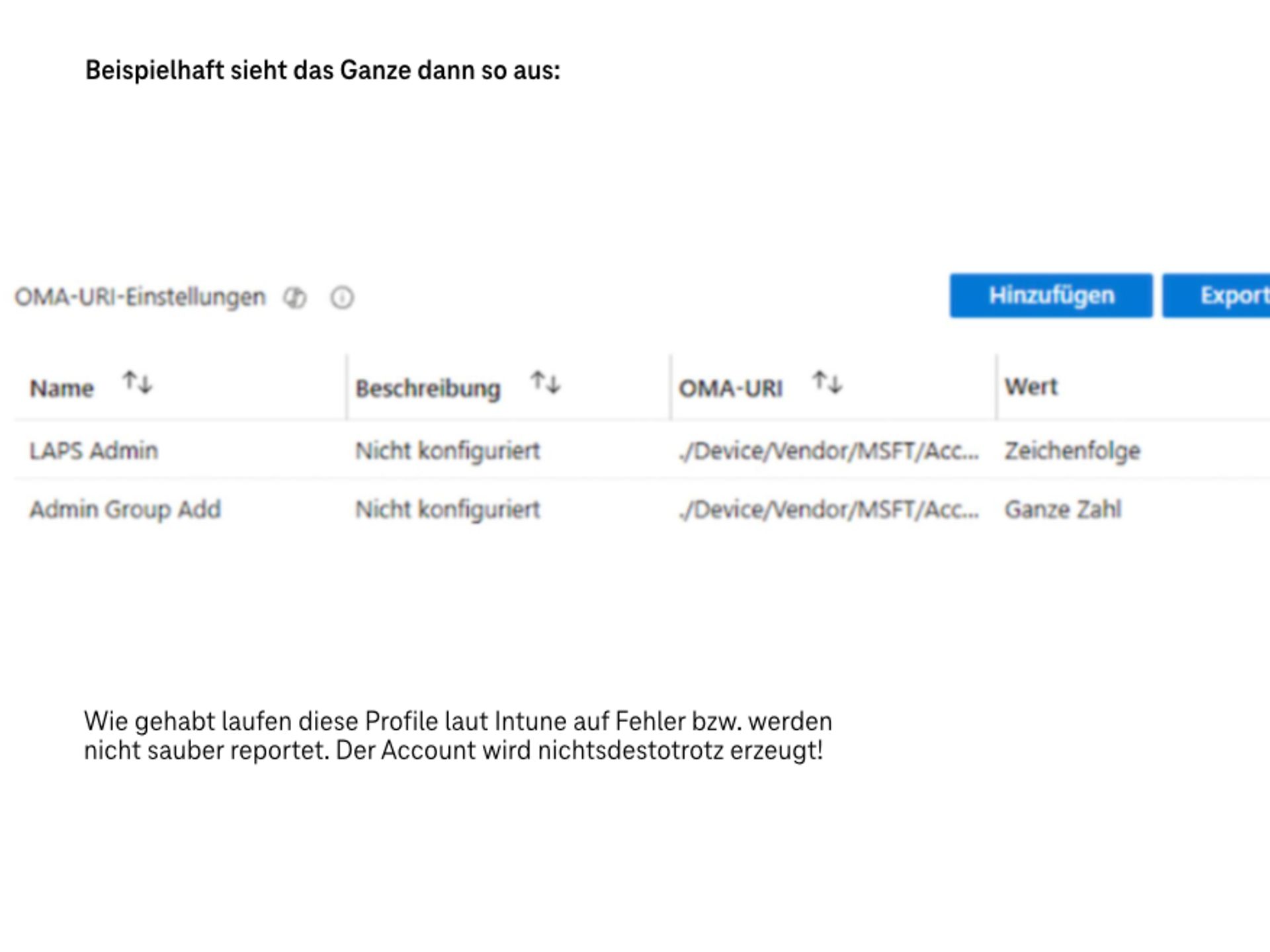 Screenshot of the OMA URI settings in Microsoft Intune