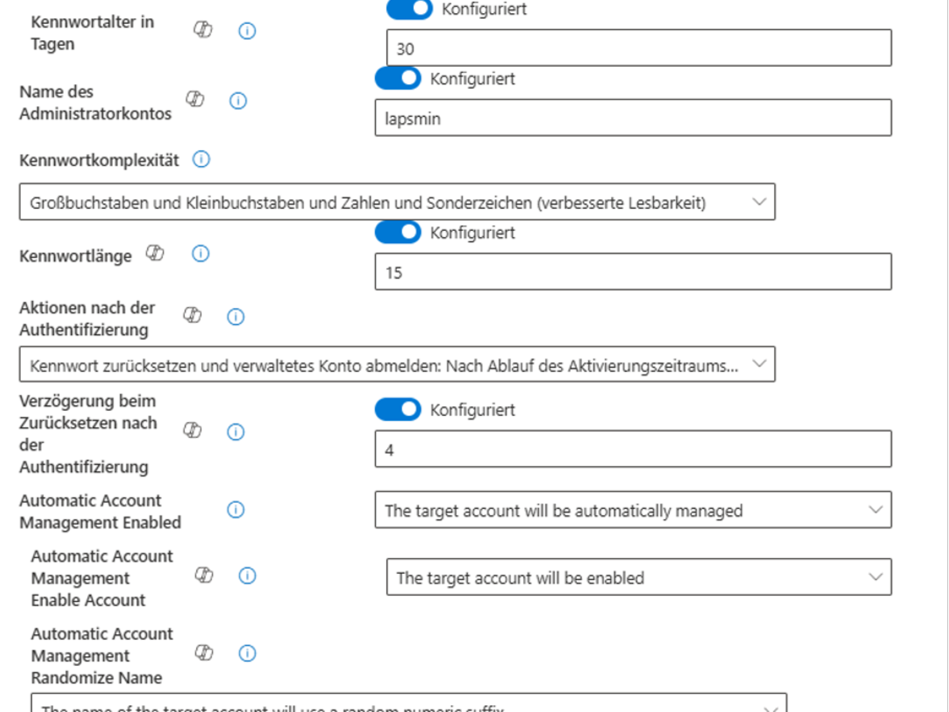 Screenshot of the general LAPS configuration in Microsoft Intune under "Endpoint Security / Account Protection."