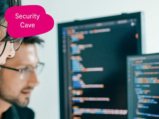 Two people analyse source code on large monitors, one points at the screen.