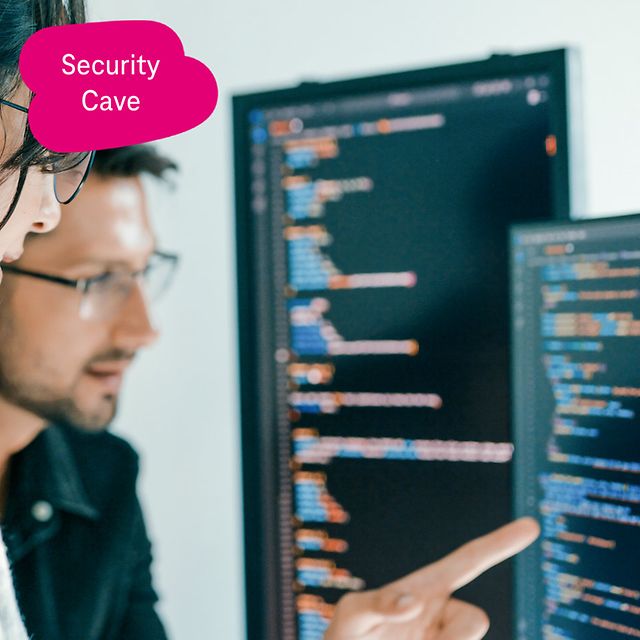 Two people analyse source code on large monitors, one points at the screen.