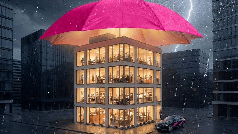 Der Schutzschirm SecurityOnNet Basic schützt ein Gebäude