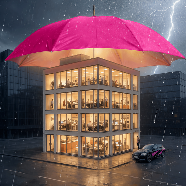 Der Schutzschirm SecurityOnNet Basic schützt ein Gebäude