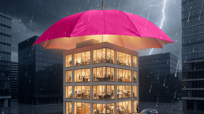 The SecurityOnNet Basic protective shield protects a building.