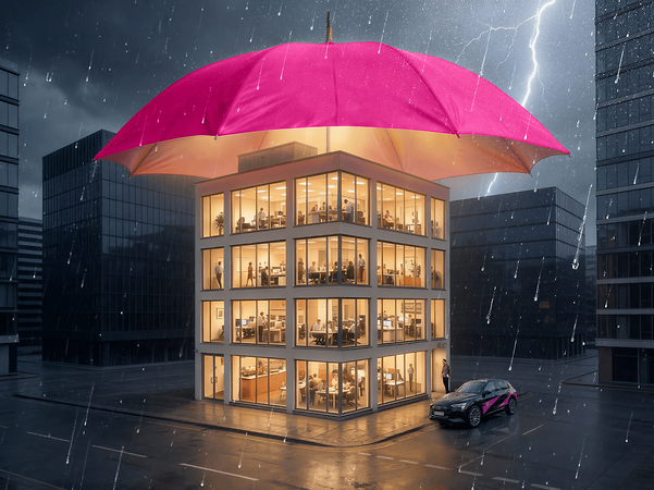 The SecurityOnNet Basic protective shield protects a building.