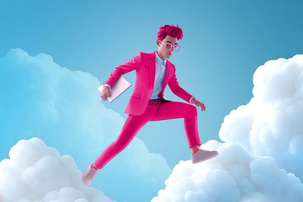 Cloud Jumper als KI-generiertes Bild springt eine magenta Figur über Wolken