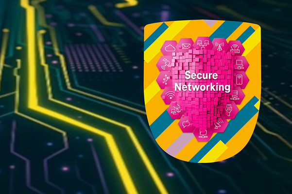 AI-generated graphic for a network with circuit boards plus overlay graphic with protective shield in magenta, yellow and green