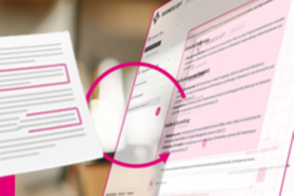 Laptop screen black and white with text and magenta circle as graphic symbolising word processing