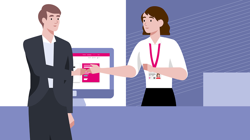 Ein Kunde steht an einem Serviceschalter und will der Service‑Mitarbeiterin die Hand schütteln.
