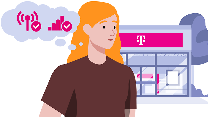 Frau steht vor einem T-Punkt und denkt über die Vorteile beim Mobilfunknetz der Telekom nach.