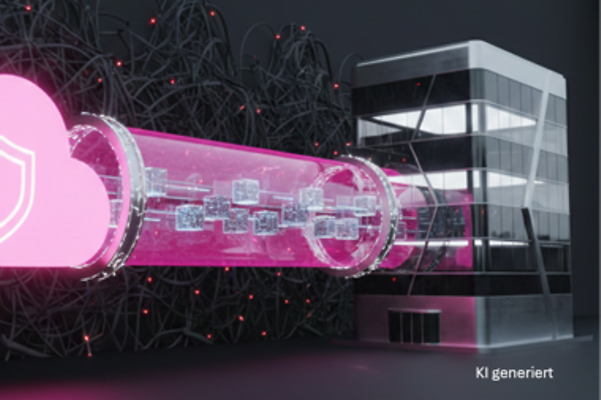 Computer-generated image showing a data cloud and a data pipe leading into a data centre