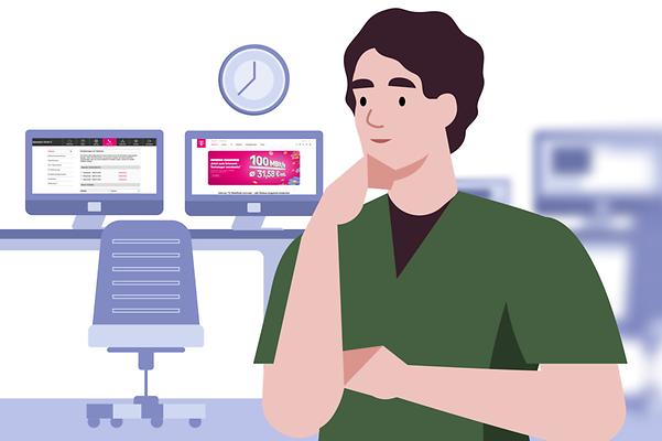 A person standing in front of two workstations, one of which is blurred. The other shows Telekom applications.