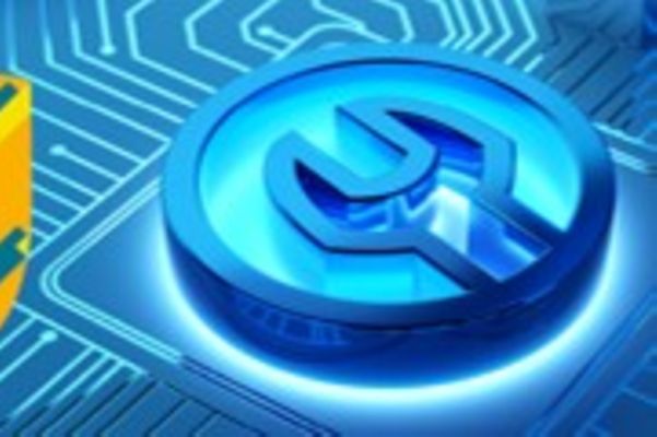 Gelb-gruenes Sicherheitsschild ueber blauen Tool-Symbolen