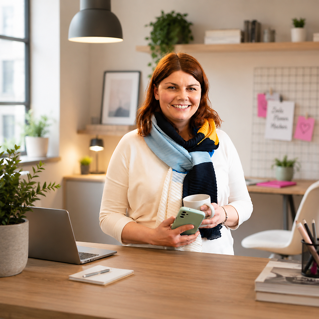 Gründerin steht lächelnd in ihrem Büro des Start-ups.