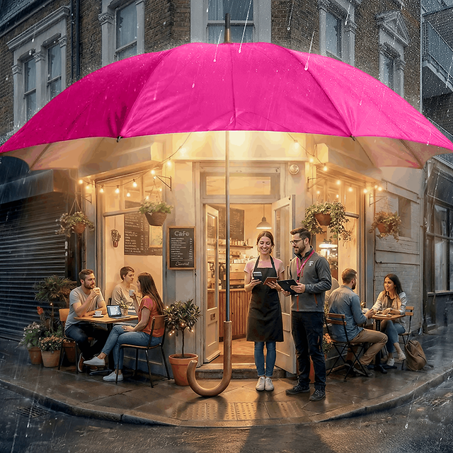 hell erleuchtetes Café geschützt durch einen Regenschirm welcher Cybersecurity dartsellen soll