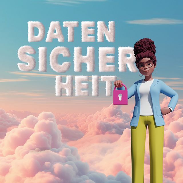 Data security in cloud-shaped lettering, with a woman holding a key in her hand in front of it
