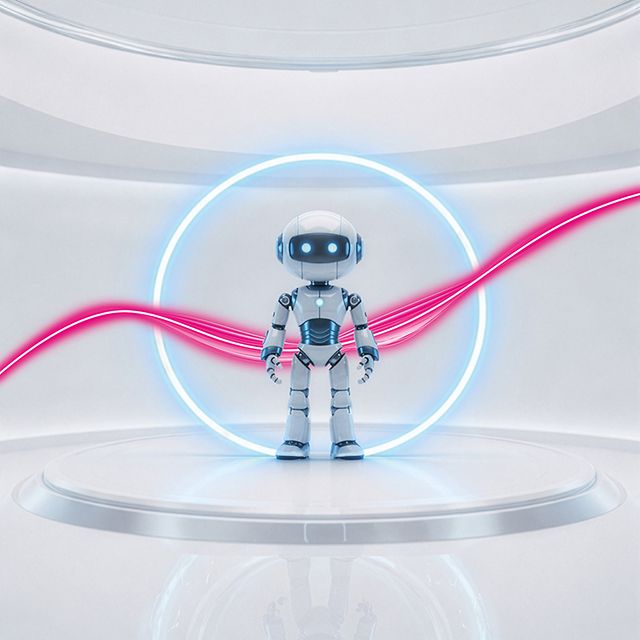 Weißer Robot in weißem Kreis als KI-Assistent