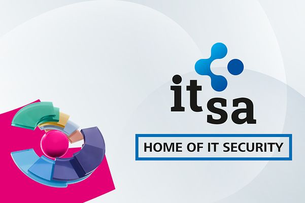 Logo der it-sa mit Bildunterschrift home of it security und buntem 360 Grad Sicherheitskreis