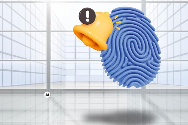 Blue fingerprint with an alarm bell as a warning