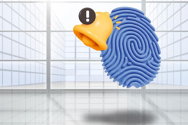 Blue fingerprint with an alarm bell as a warning