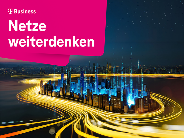 magenta Shape mit Netzwerke weiterdenken über KO-generierter blauer Stadt mit umfliessenden Datenströmen in gelb