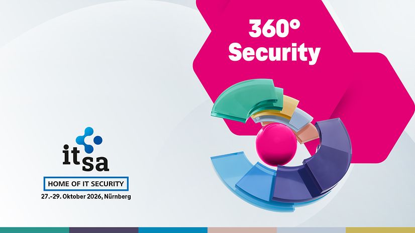 360 Grad Visual als Security - Reise mit it-sa 2026 Messe Logo in blau und schwarz