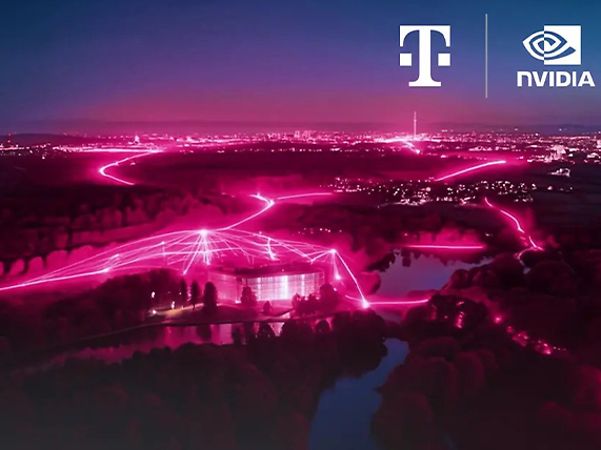 A modern building set against a night-time landscape is surrounded by bright pink lines of light.