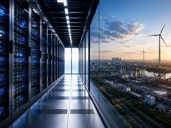 AI-generated image – data centre, AI computing. Server racks process AI workloads in a high-performance facility