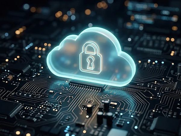 A glowing cloud icon with a padlock on an electronic circuit board