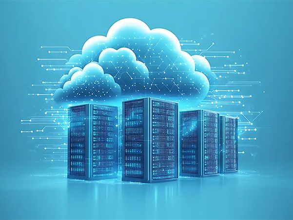 AI-generated image – Digital image: Cloud and data centre on a blue background, AI-generated