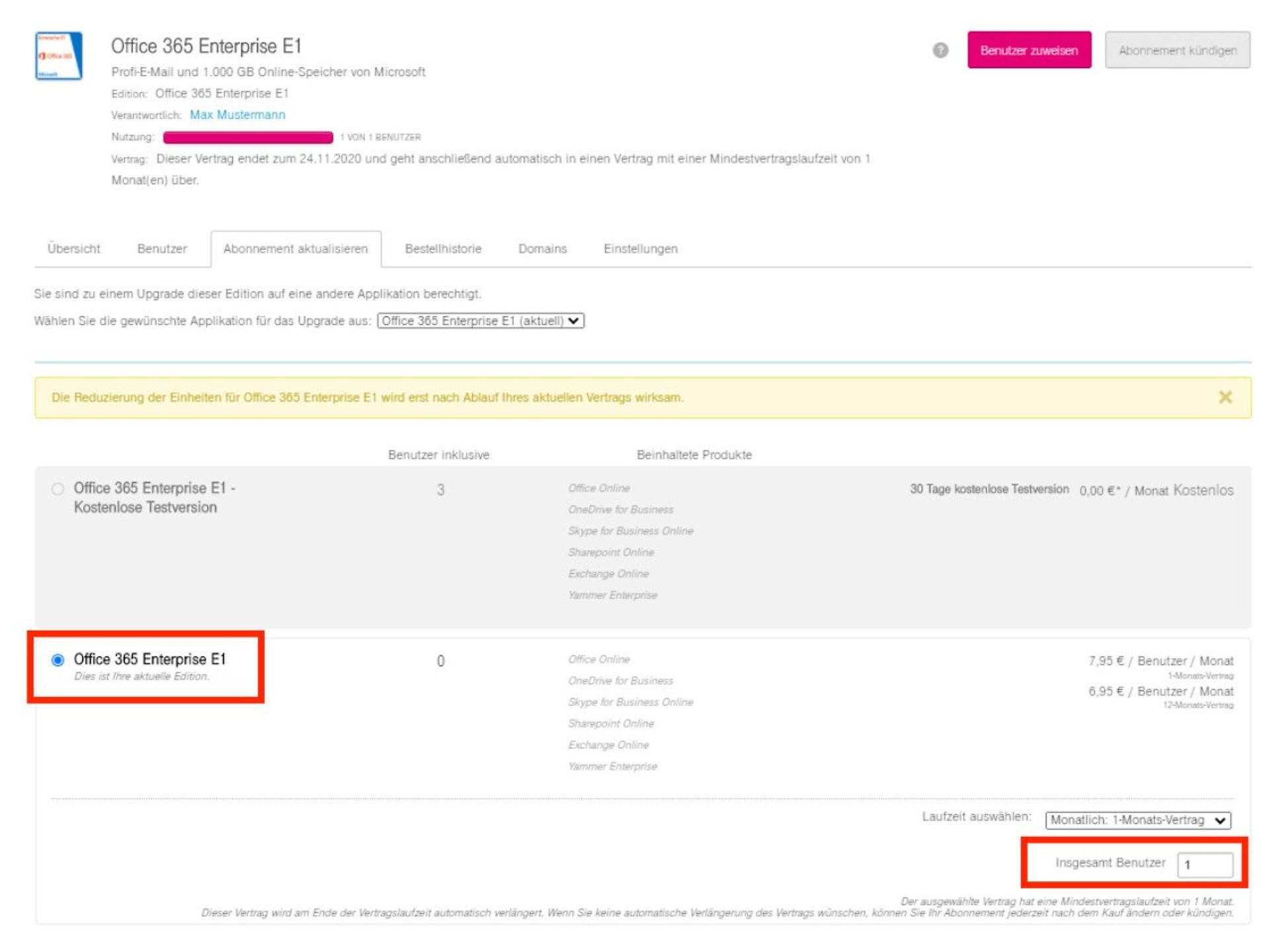 Screenshot: Tab Abonnement aktualisieren, Feld Insgesamt Benutzer zur Erhöhung der Lizenzanzahl markiert.