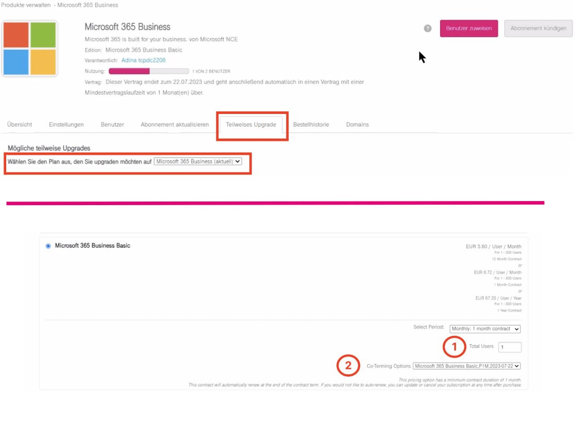 Screenshot: Tab Teilweises Upgrade, Felder Total Users und Co-Terming Options zur Auswahl markiert.
