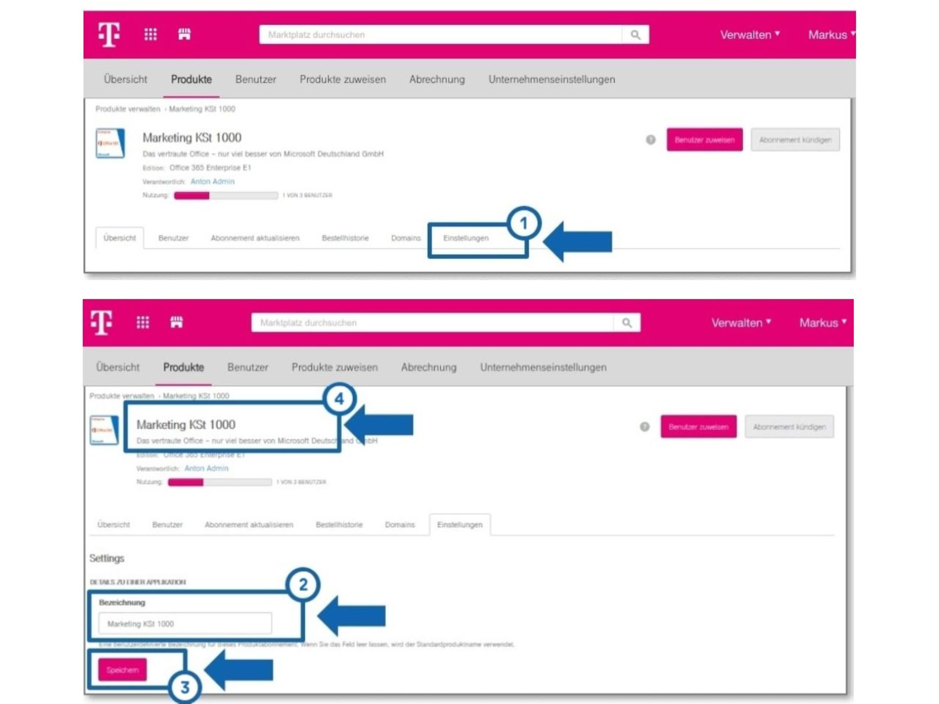 Screenshot Telekom Cloud Marketplace: Tab Einstellungen öffnen, Bezeichnung im Feld ändern, mit Speichern bestätigen.